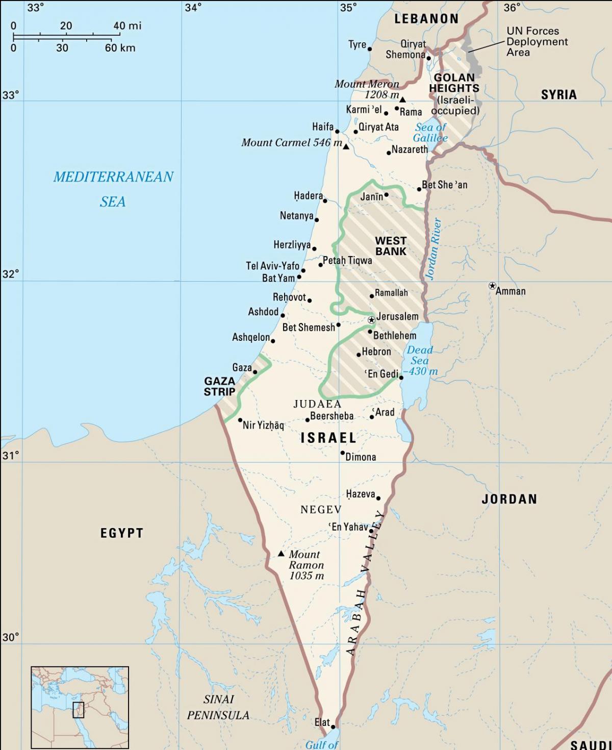 Kaart van Israël met de belangrijkste steden
